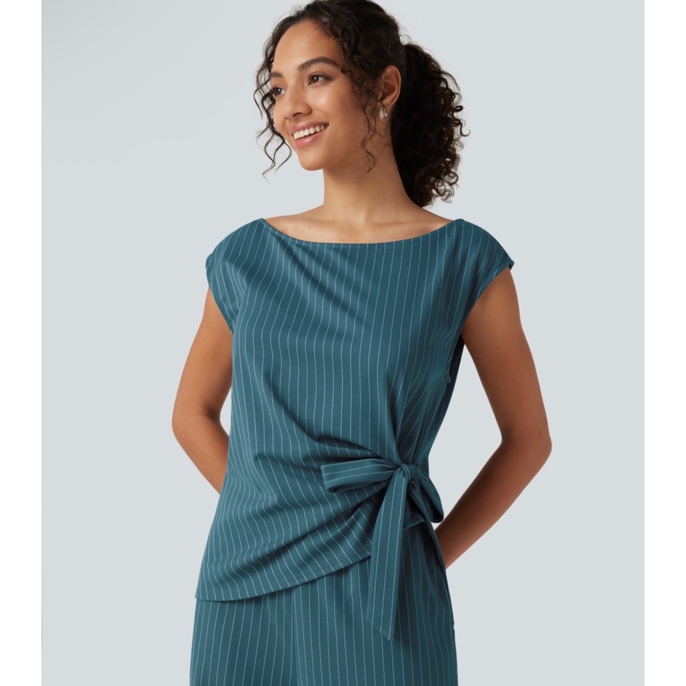 Halara Teal Pinstripe Boat Neck Sleeveless Tie Side Wide Leg Work Jumpsuit M - Picture 4 of 12
